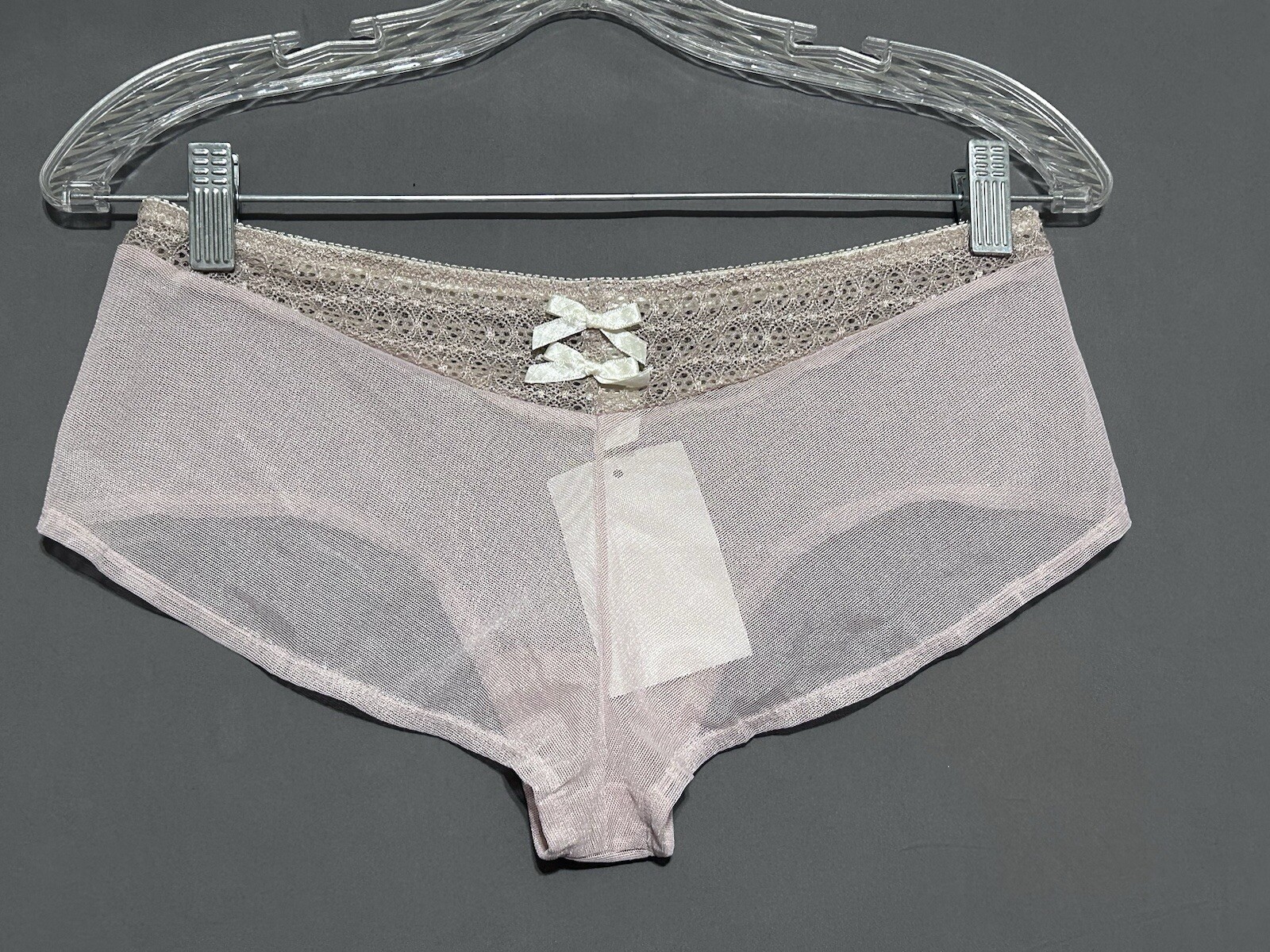 Le Mystere Cheeky Panty Size XL Sheer Pink Nude Lace White Bows