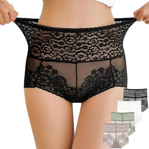 Women High Waisted Lace Underwear Tummy Large 4 Pack-black,white,khaki,green
