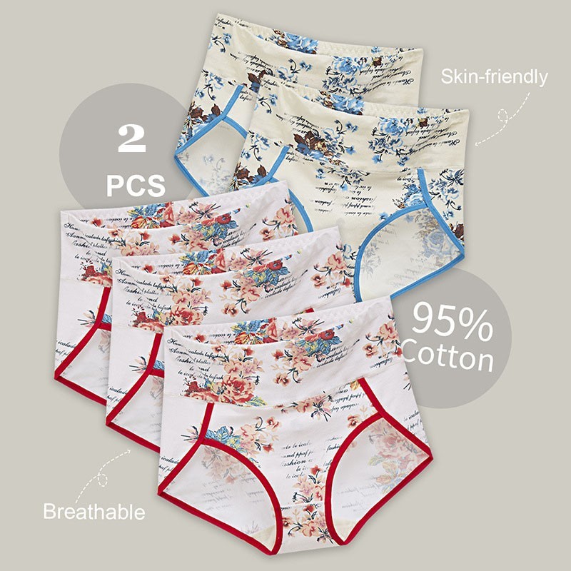 2 Pack High Waist Floral Cotton Bikini Panties – Comfort Tummy Control Butt Lift