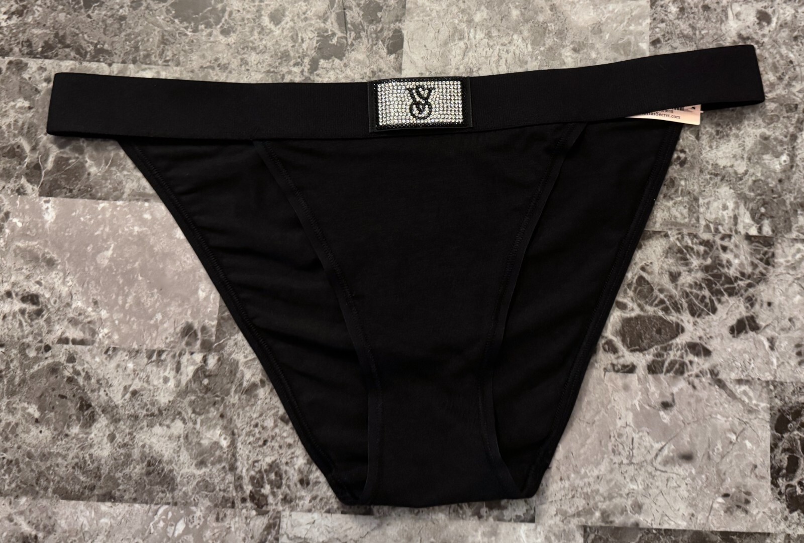 NWT VICTORIA’S SECRET BLACK BLING RHINESTONE THICK BAND CHEEKY TANGA PANTIES