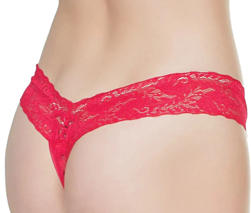 Plus Size Mesh Thong with Scalloped Stretch Lace Waistband Black or Red OSXL