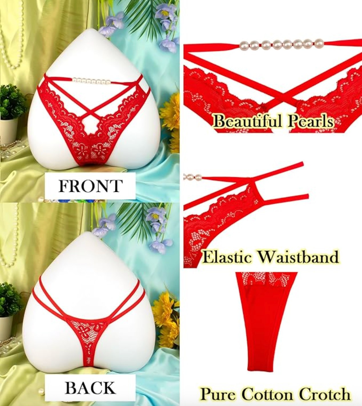 Women Sexy Lace Pearl Thong Panties Floral Low Rise G String Underwear