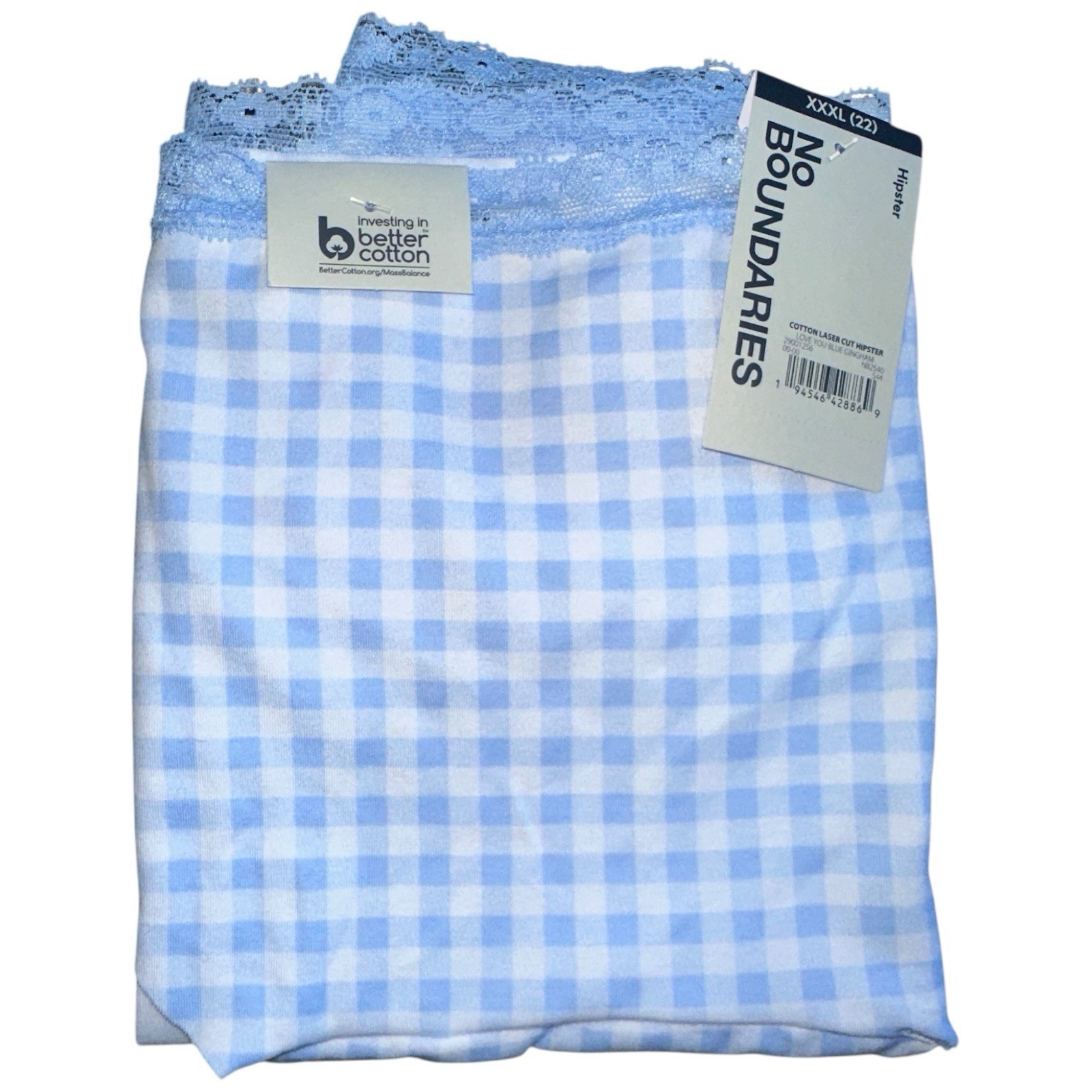 No Boundaries Hipster Panties Lace Trim Plus Size XXXL 3XL Blue Gingham Plaid