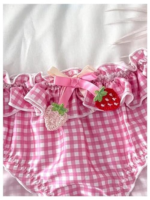 Women’s Y2k Gingham Bow Underwear Lace Eyelet Low Rise X-Large Strawberry Pink