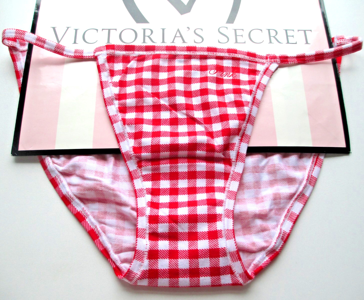 VICTORIA’S SECRET PINK Cotton String Bikini Panty M Red Gingham NWT Plaid VS