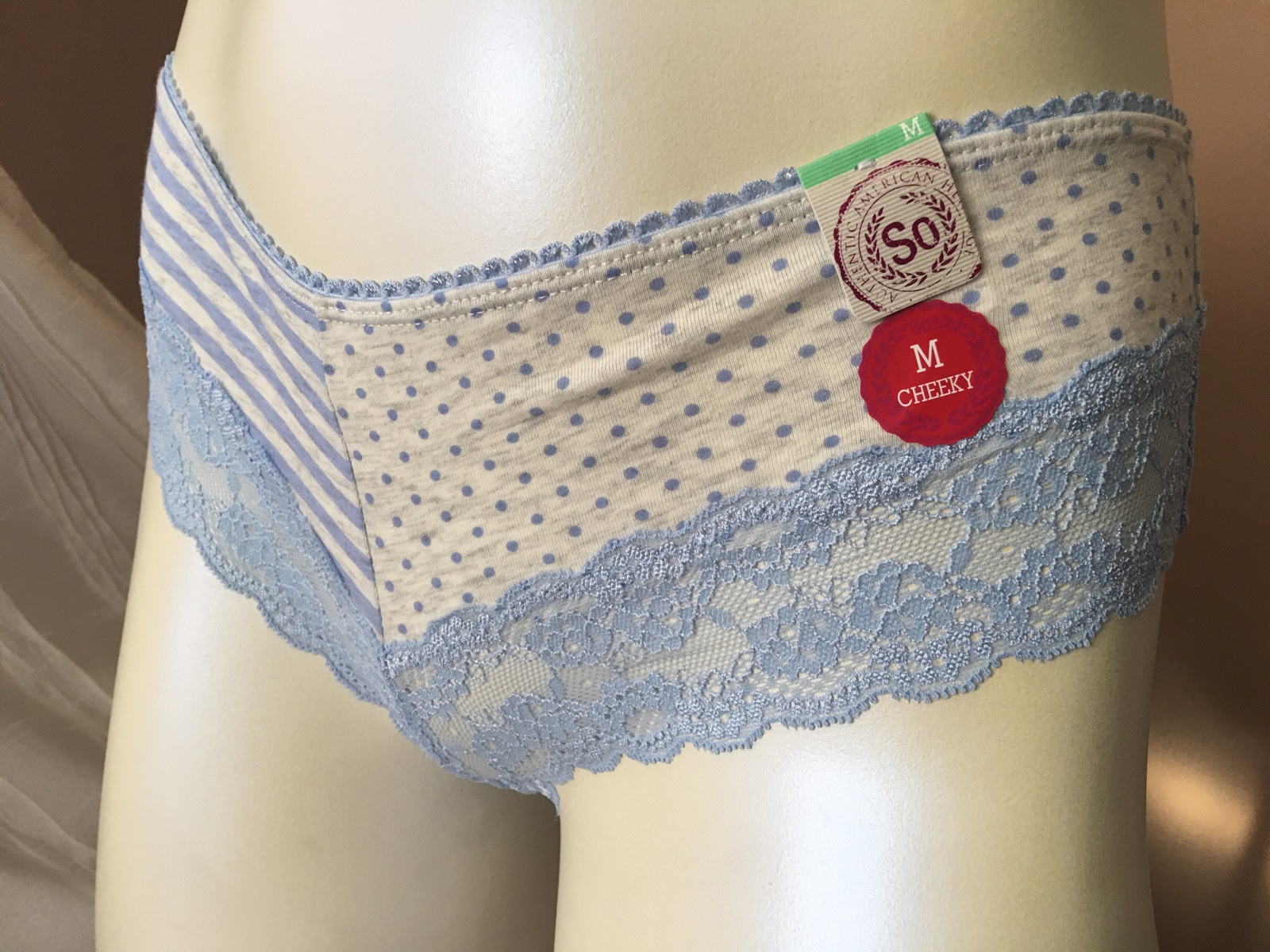 SO Lace-Trim Leg Cheeky Panty 450 Blue Striped Dots SI322141 Sz.S,XL #10