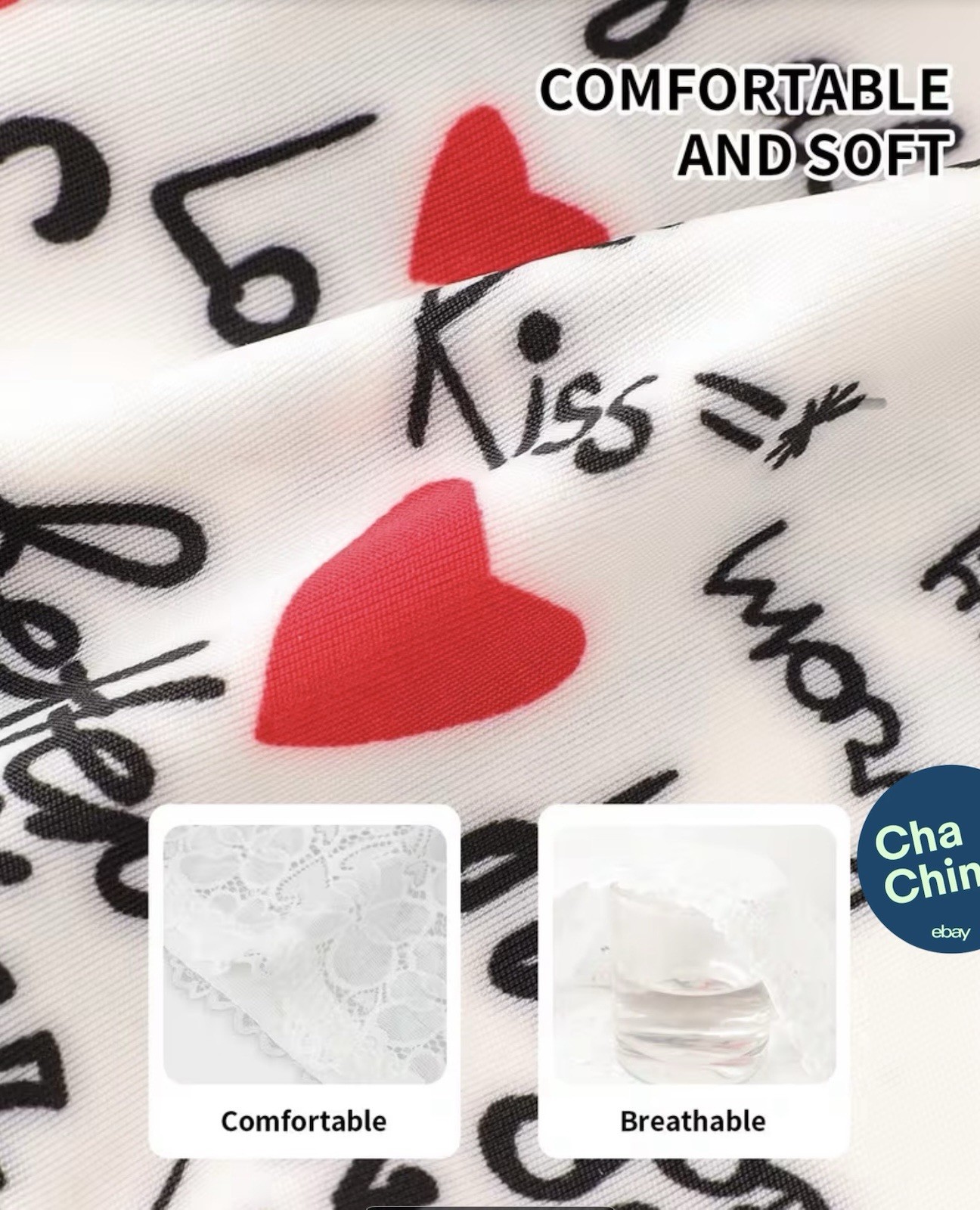 Women’s Teens Mid-Rise Lace Briefs Heart Script Print Red Black White 5Pk Large