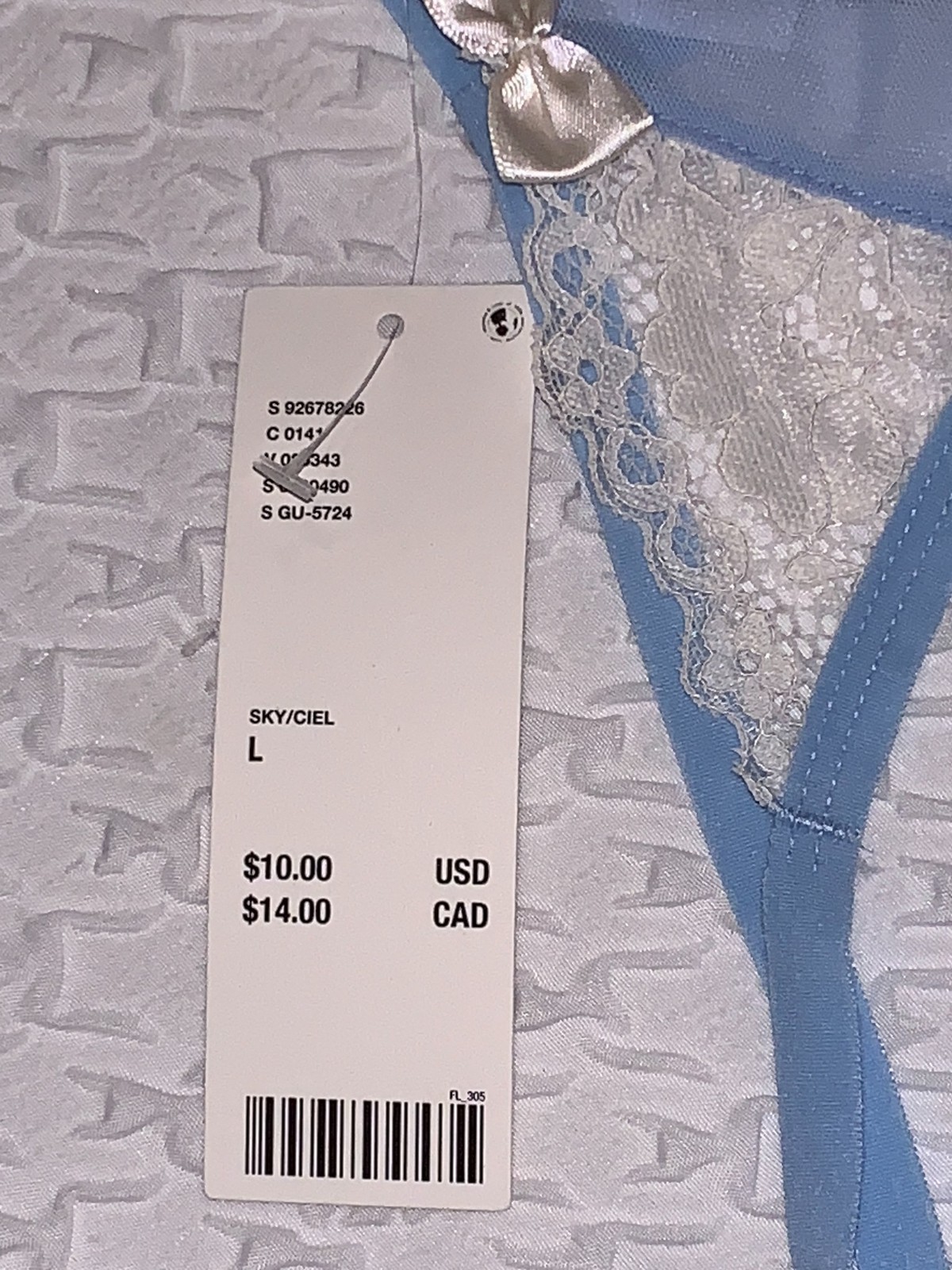 OUT FROM UNDER Semi Sheer Mesh Lace Lt Blue G String Thong Panty Womens Sz L 7