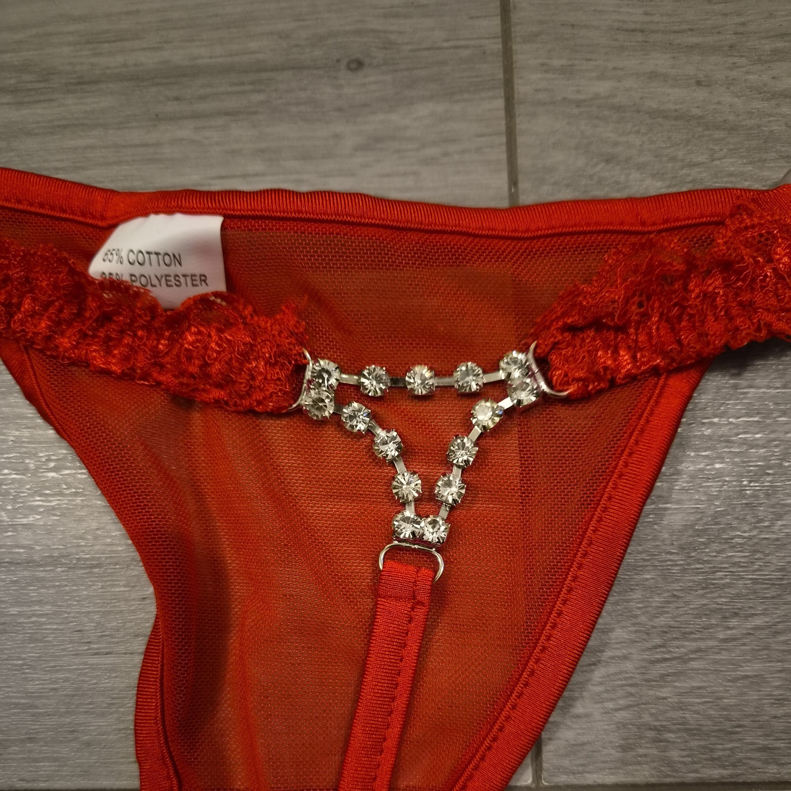 BNWT Sheer Red Satin Mesh & Lace Diamante Back Thong Size 8-10