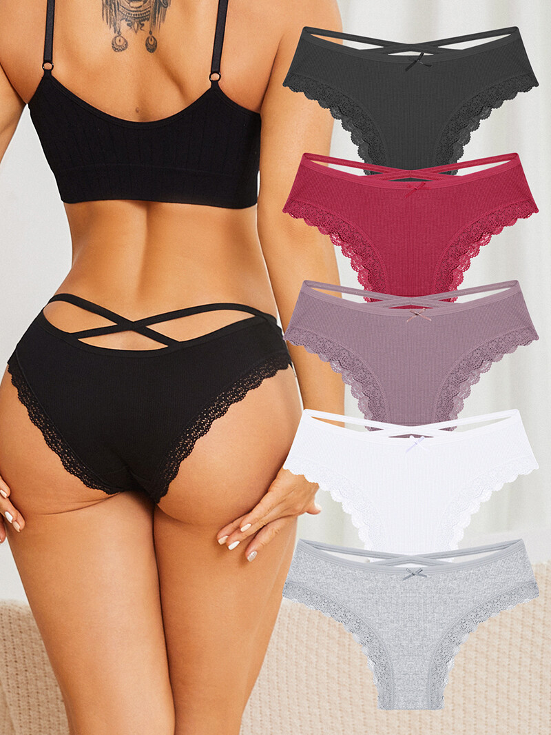 5PCS/LOT Sexy Womens Cotton Panties Brief Lace Trim Underwear Lingerie Underwear