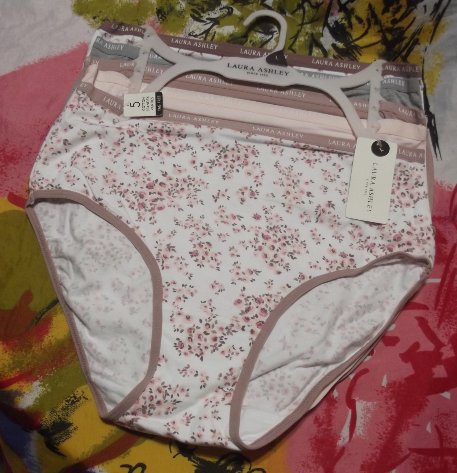 5 NEW LAURA ASHLEY LS9221 5PKOA SIGNATURE WAISTBANDS COTTON BRIEF PANTIES L