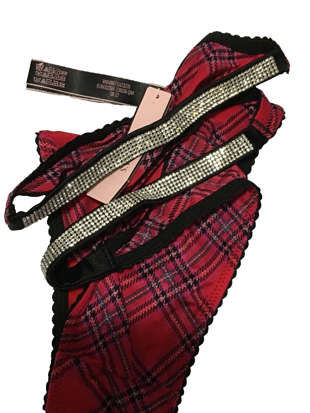 Victoria’s Secret Red Plaid Shine Strap Brazilian Panties M Rhinestones Sparkle