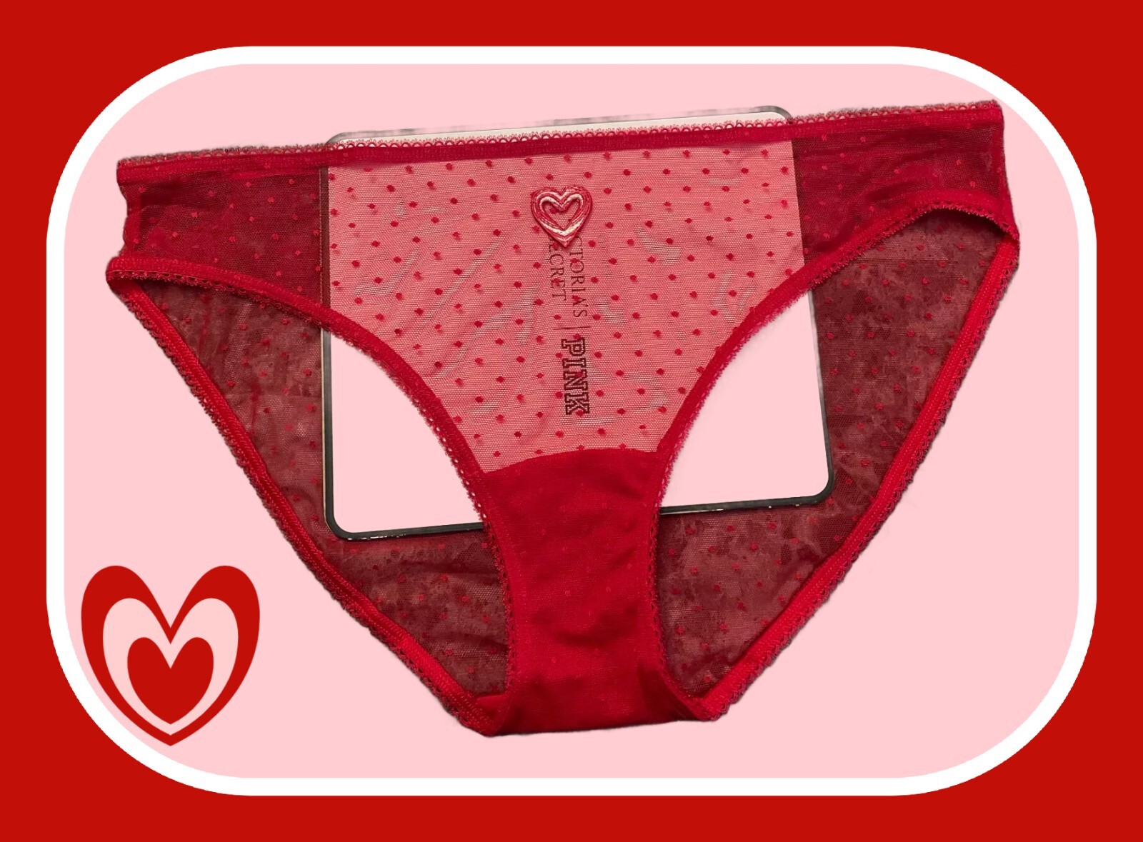 M All Bold Red Polka Dot Mesh w Heart Stretch Victoria’s Secret BIKINI Panty