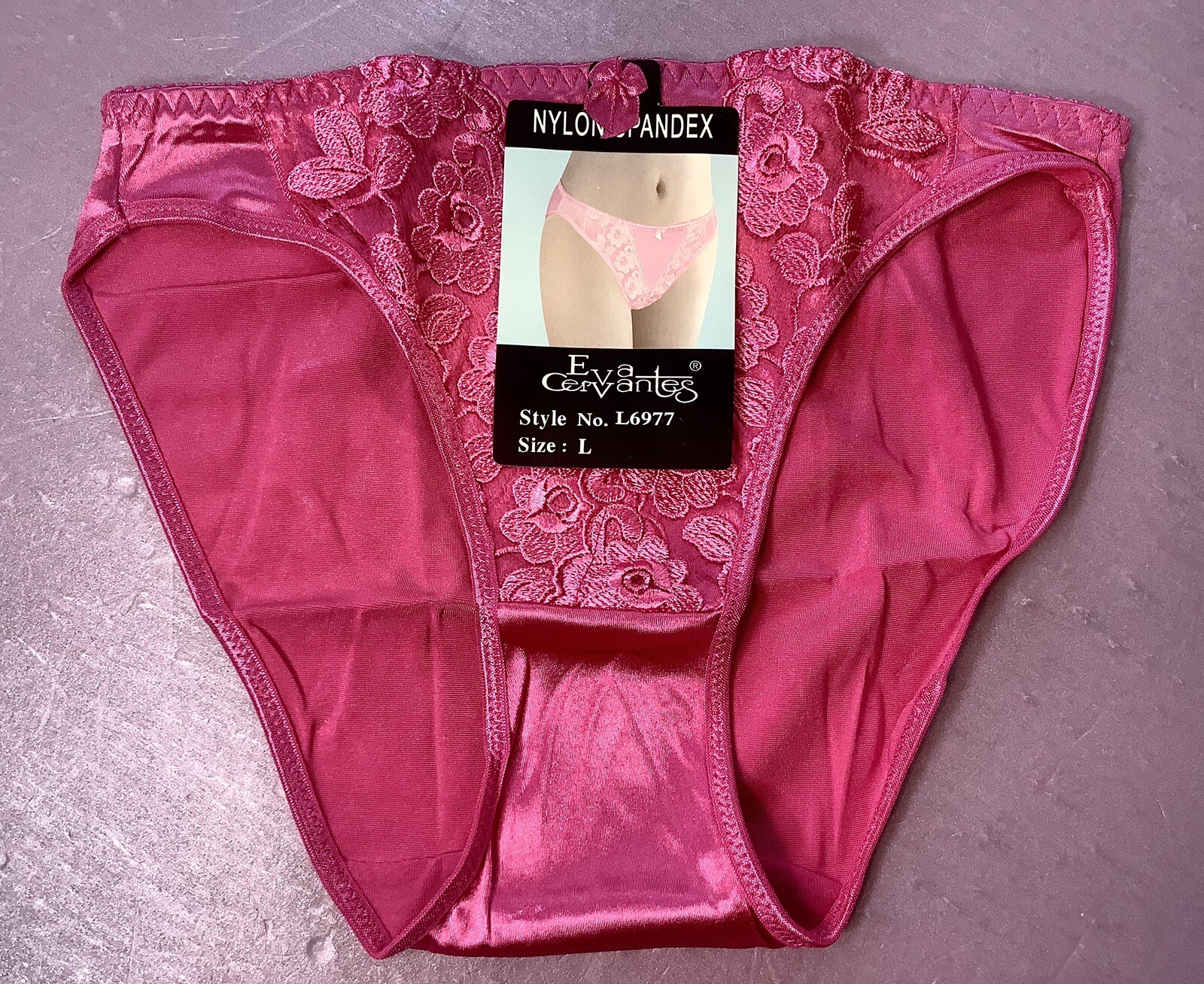 Women Panties,Bikinis”Eva Cervantes”Size M. Red Carmine Satin FloralW/decoration
