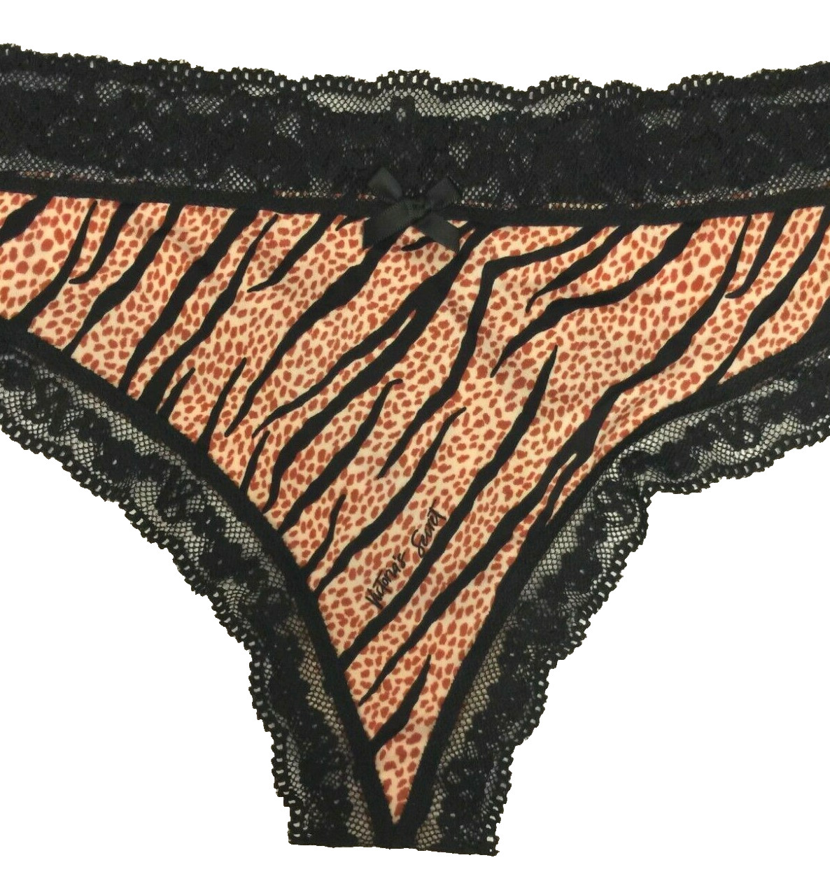 Victorias Secret Tiger Giraffe Animal Print Thong Panty Size XL Logo Lace Waist