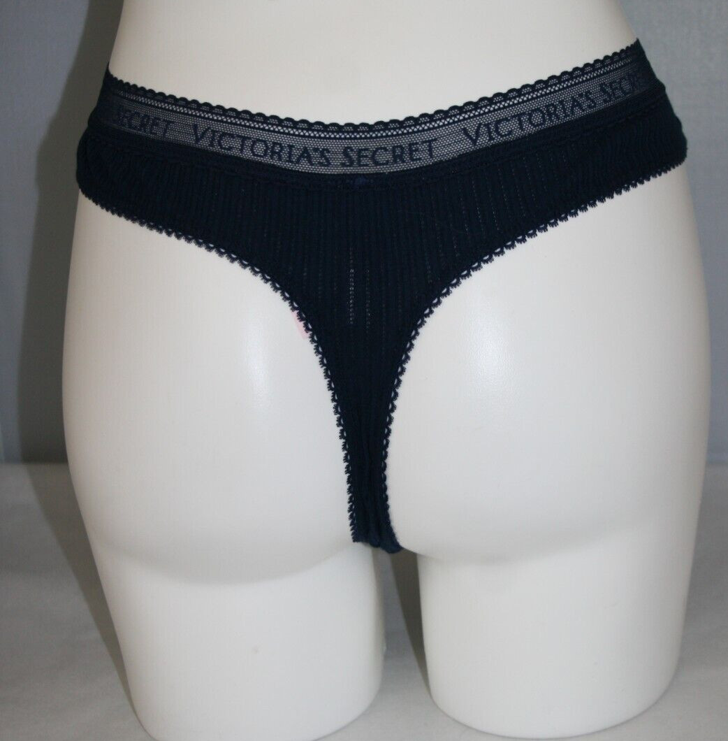 Victoria’s Secret Logo Cotton Lace-Waist Thong Panty Noir Navy Rib Knit XL NEW