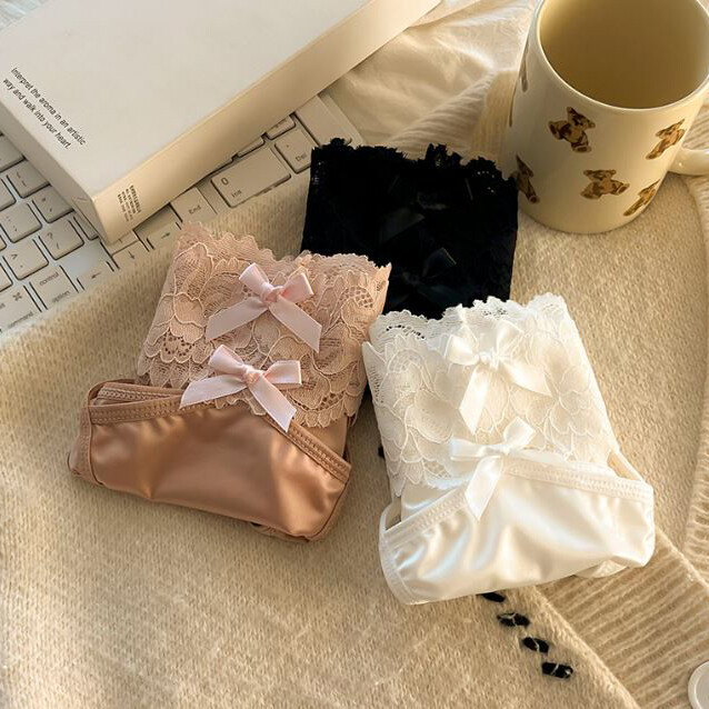 3 Pack Lot Sexy Ladies Womens Satin Panties Brief Lace Low Waist Bikini Lingerie