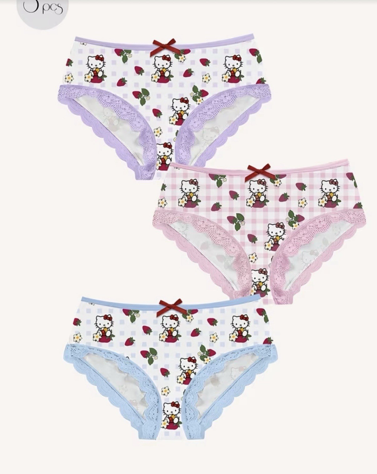 Women’s Teen Hello Kitty Brief Panties Cartoon Lace Kawai Pink Purple Blue 3pk L