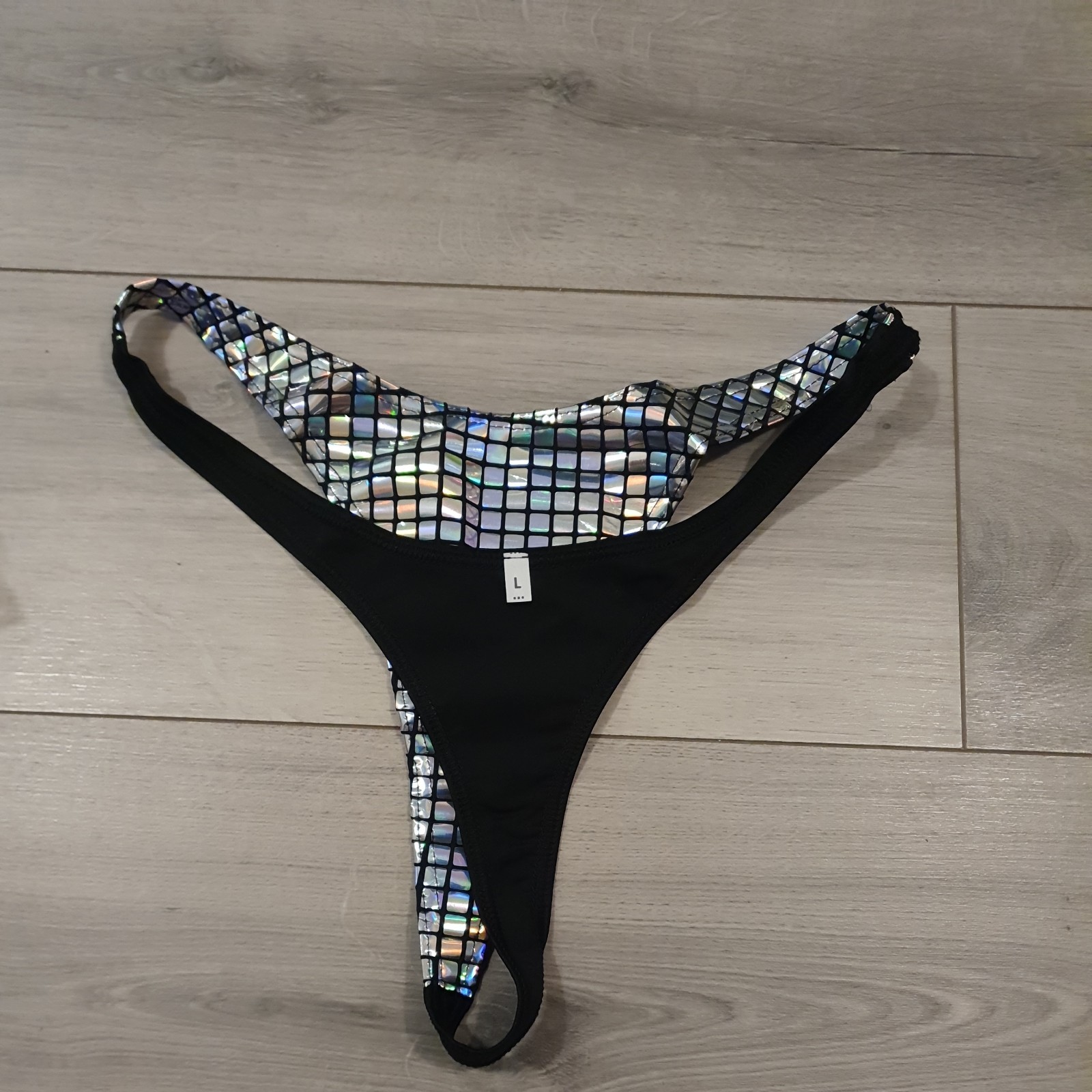 BNWOT Black & Silver PVC Holographic Squares High Cut Thong Size Large