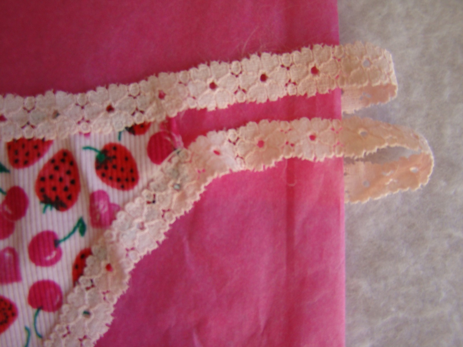 New PINK Strawberries Cherries Hearts Print Light Pink Floral Lace Thong Panty