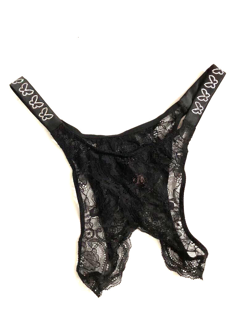Victoria’s Secret Shine Strap Butterfly Black Lace Brazilian Panty Ouvert NWT