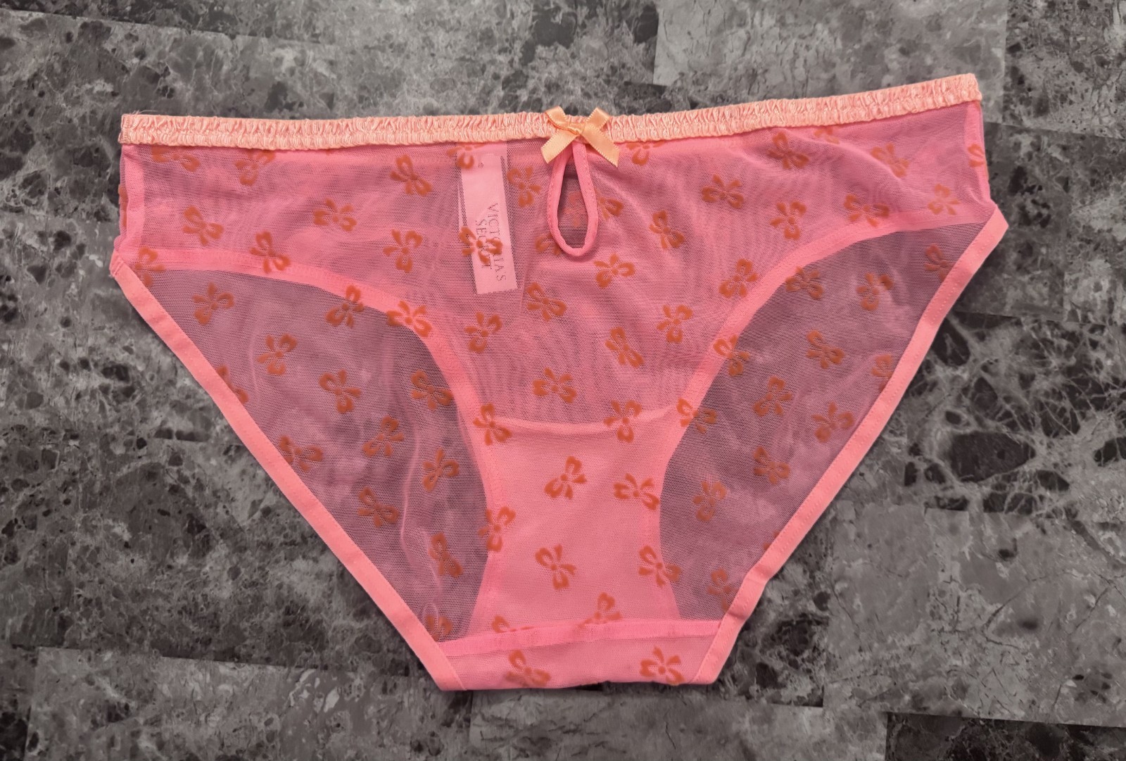 NWT VICTORIA’S SECRET S CORAL BOW FLOCKED VELVET LIKE MESH RARE BIKINI PANTIES