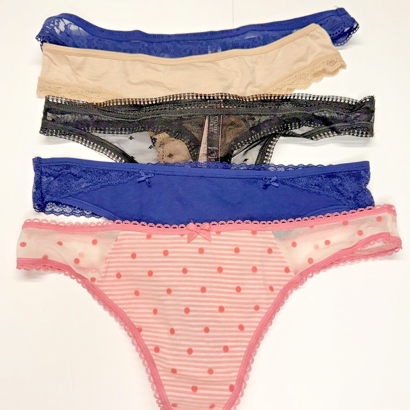 NWT Lot of 5 Victorias Secret Pretty Cotton & Lace Thong Panties Bundle Size Med