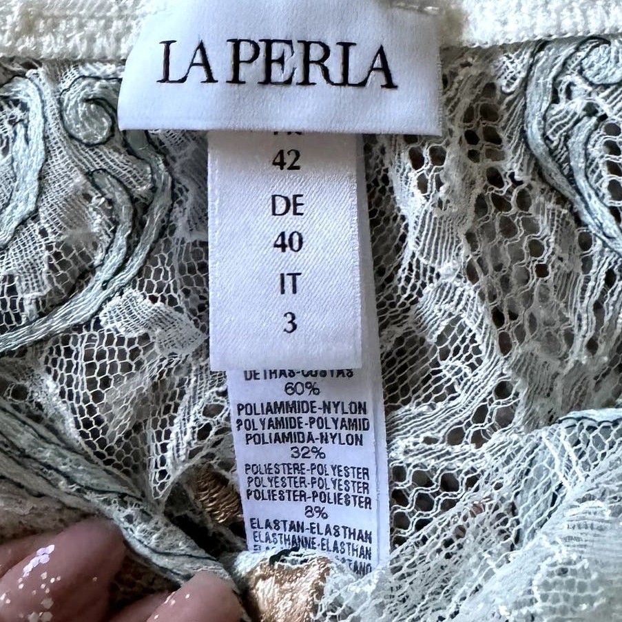 La Perla White Lace Blue Gold Floral Cheeky Panty Medium MSRP 308