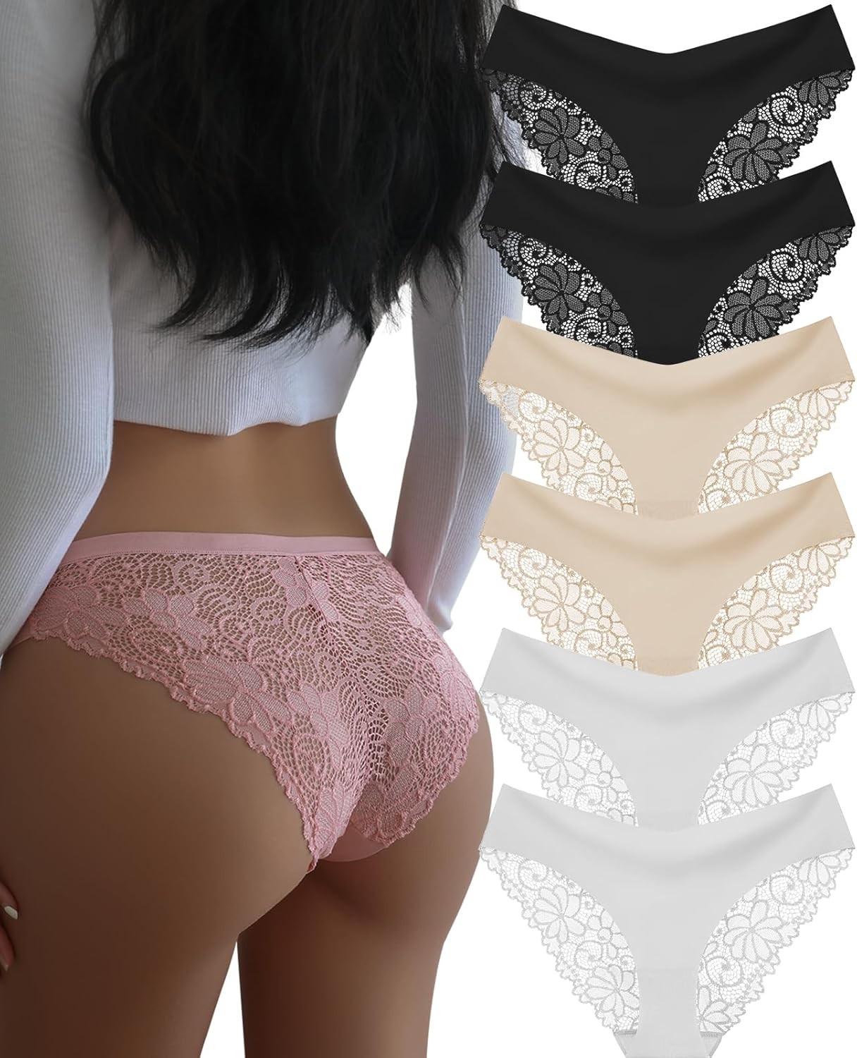 Womens Seamless Comfortable Underwear Lace Bikini Briefs No Show Panties 6 Pack