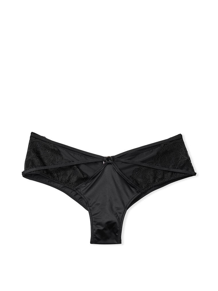 XL Dk NOIR Black Strappy Ring Satin Lace Very Sexy Cheeky Victorias Secret Panty