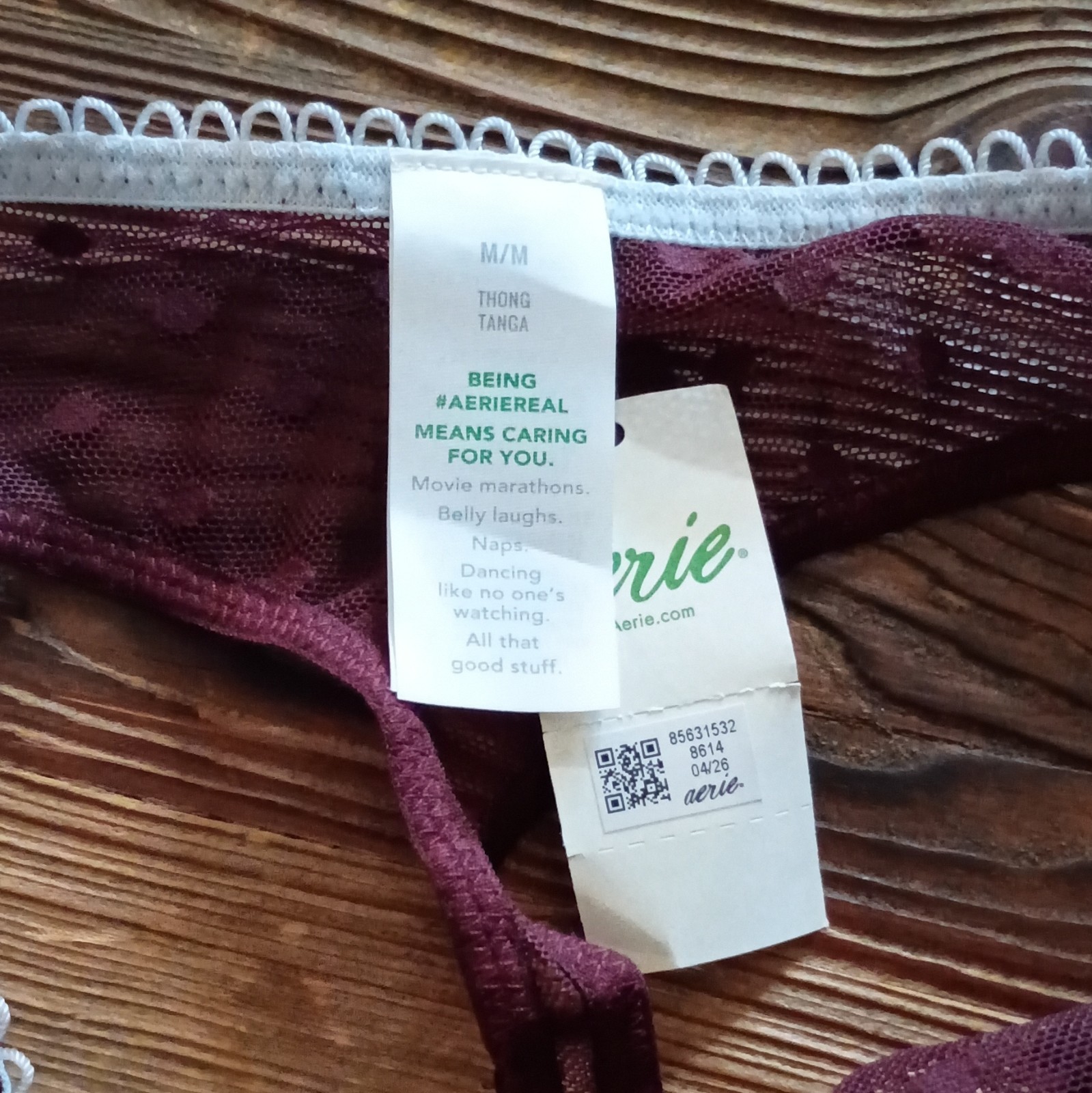 Aerie Women’s Burgundy/White Mesh Polka Dot Lace Thong Panties Size M