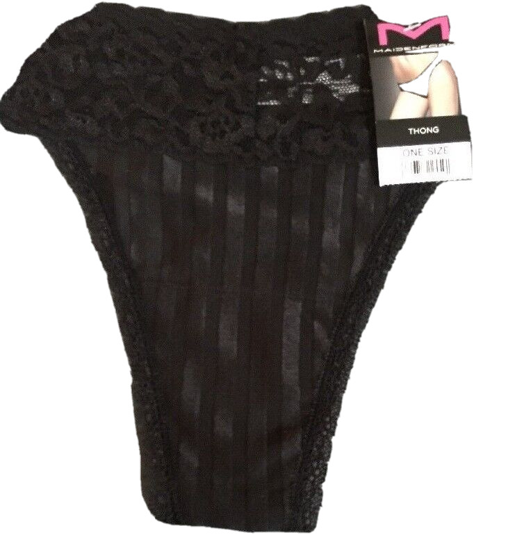 Maidenform Black Thong Panties One Size Sexy Sheer Floral Lace Waist NWT