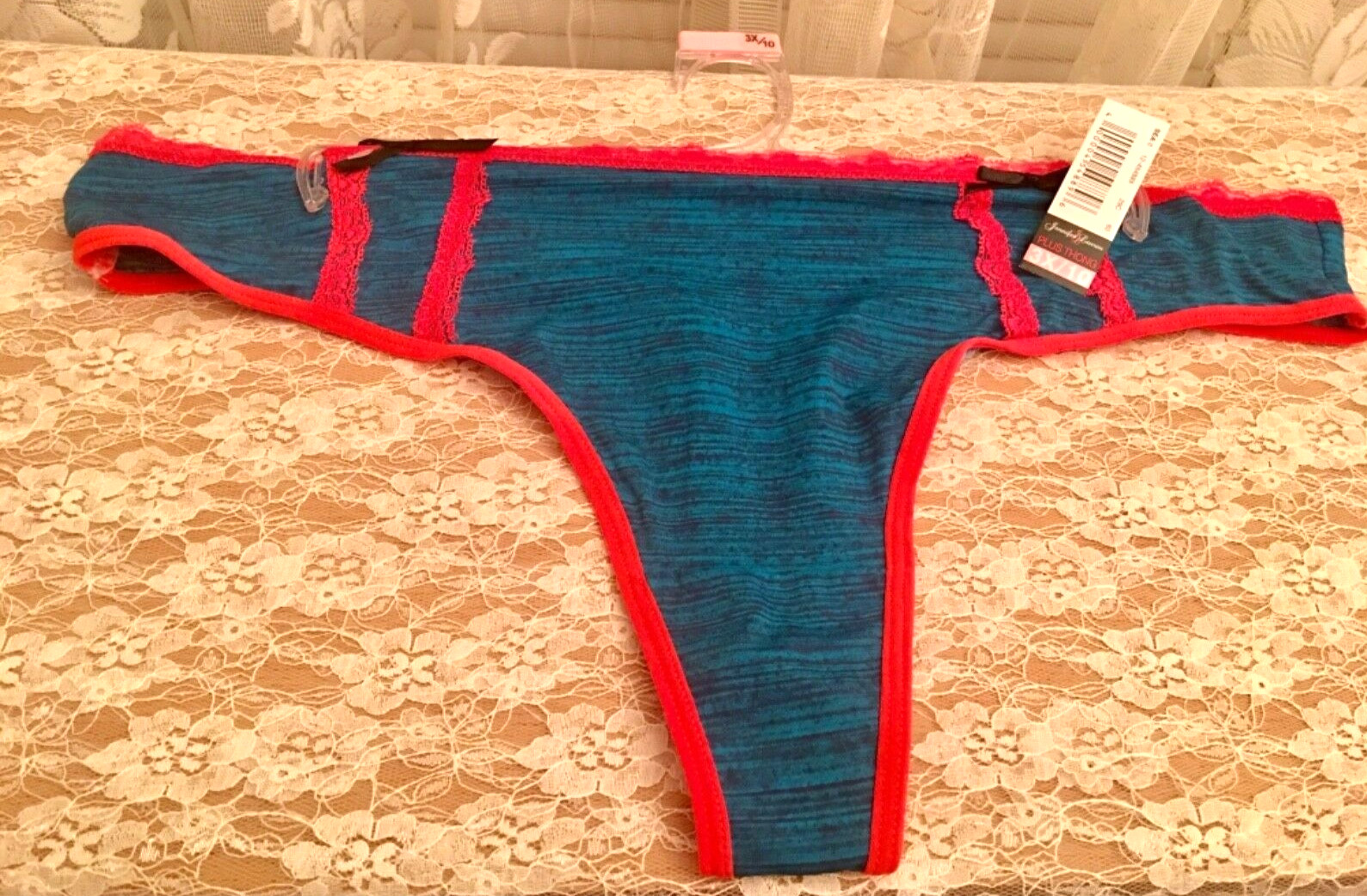 Jennifer Lauren Plus Size Thong Panty 3X 10 Teal Pink Lace Trim