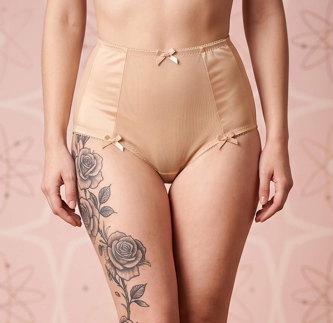 Beige High Waist Panties in Satin & Mesh with Satin Bows