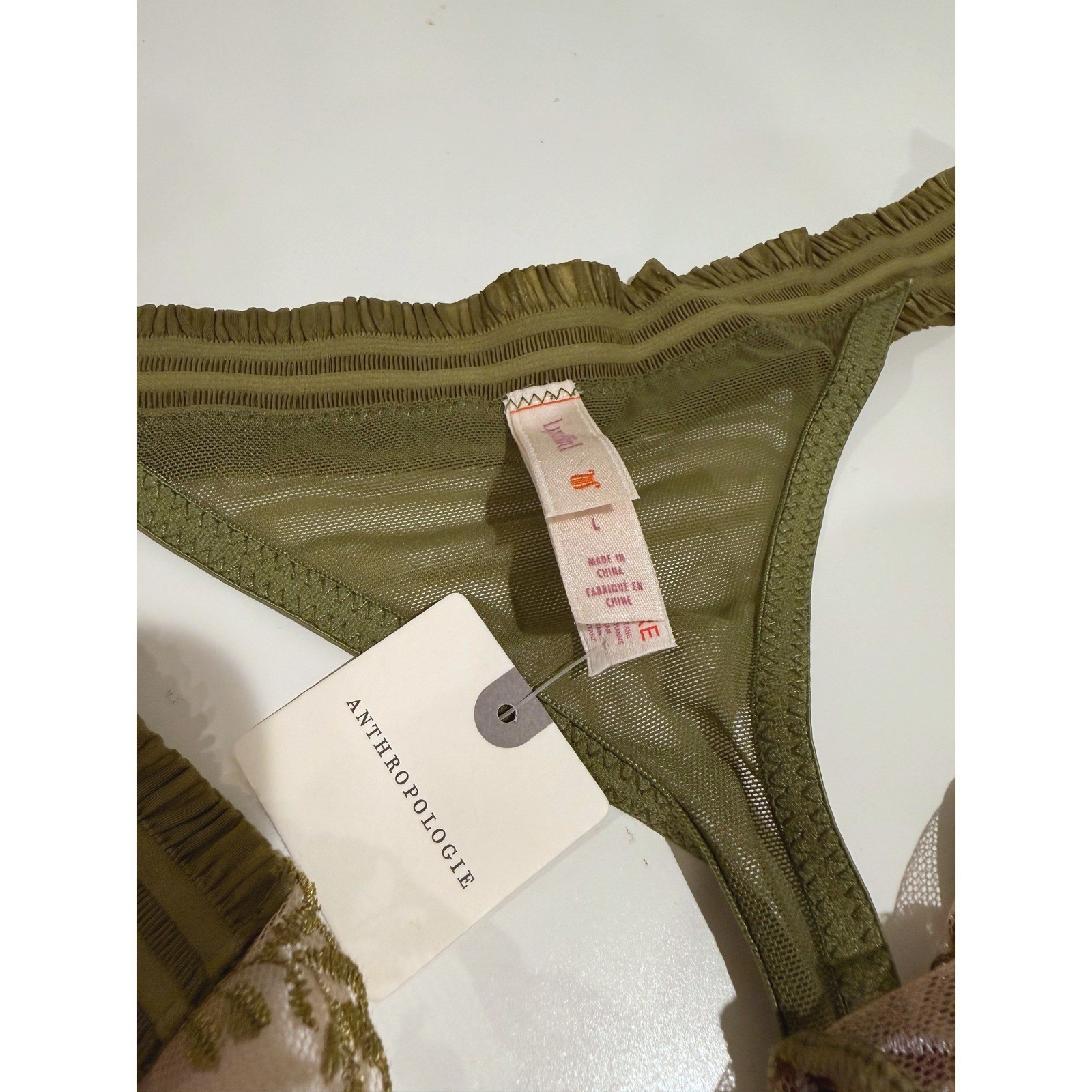 Anthropologie Embroidered Mesh Thong Panties Olive Green Floral Large