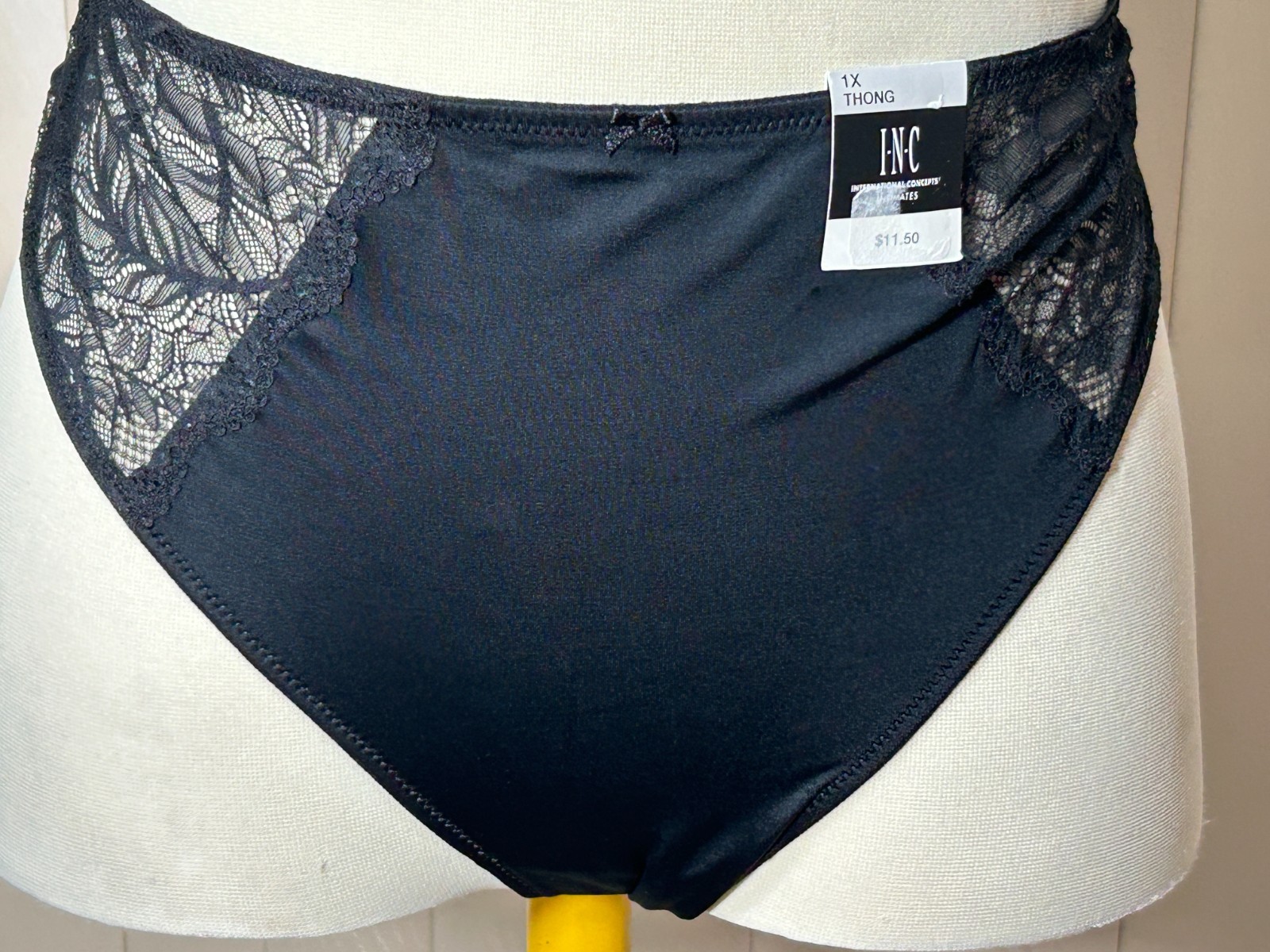 INC Full Brief Thong Underwear 1X Sheer Lace Panty Black Womens