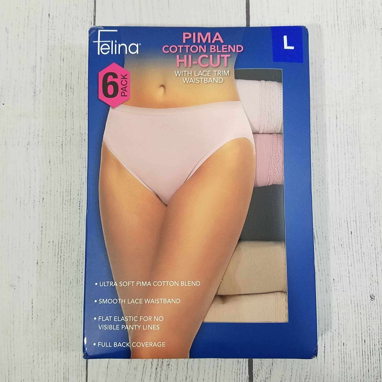 Felina Pima Cotton Blend Hi-Cut Panties Womens Large Lace Trim Waistband 6 Pack