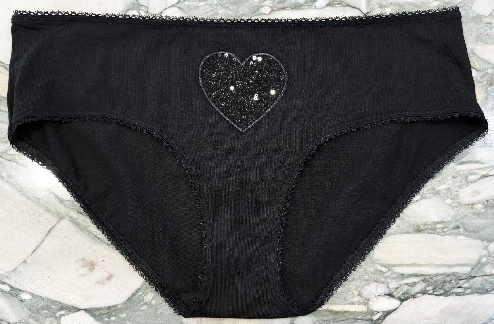 NEW Victoria Secret Sequin Heart Cotton Modal Hiphugger – Black – XXL