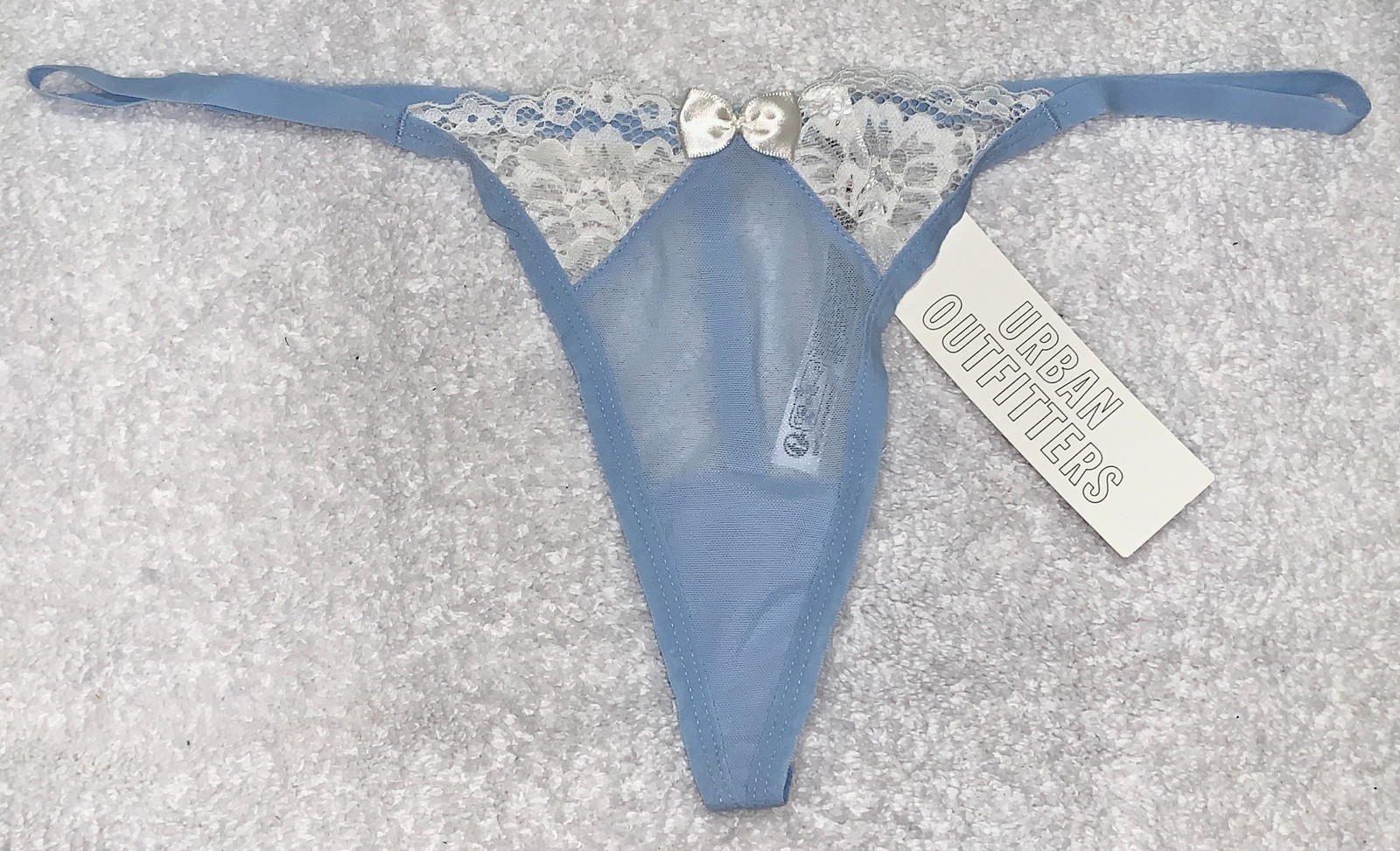 OUT FROM UNDER Semi Sheer Mesh Lace Lt Blue G String Thong Panty Womens Sz L 7