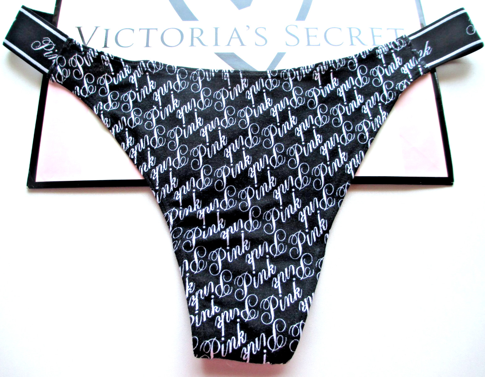 VICTORIA’S SECRET PINK Cotton High Leg Thong Panty S M L XL Black White Script