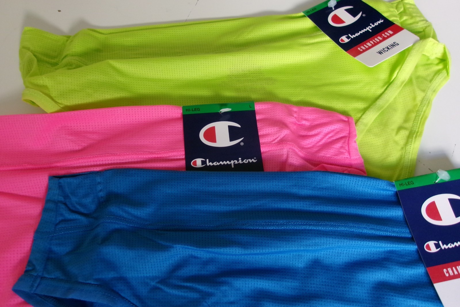 Three Champion Hi cut briefs Size Large Neon Green, Neon Pink and Blue WIcking
