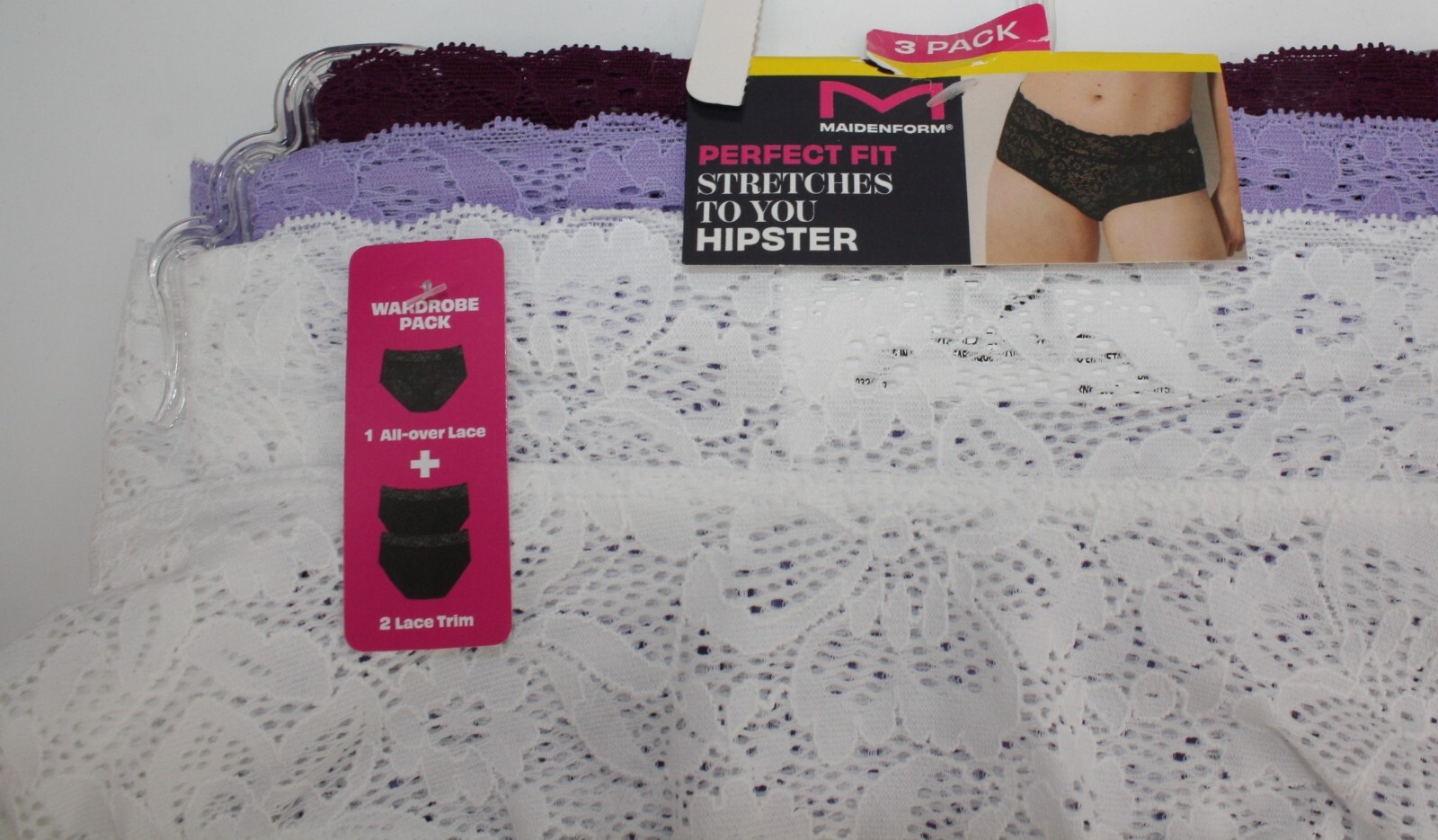 NWT set of 3 MAIDENFORM perfect fit HIPSTER panties LACE WHITE LILAC WINE
