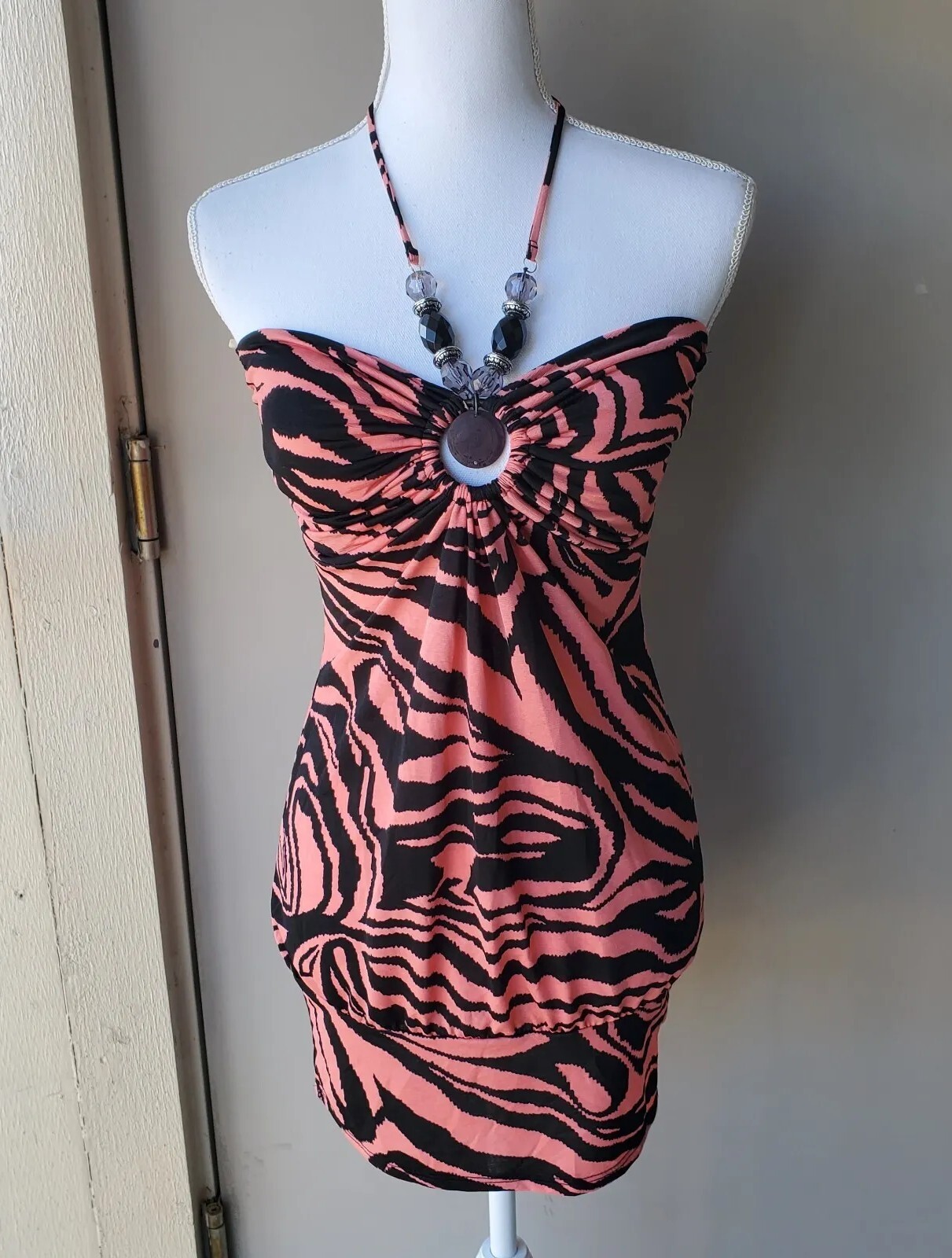 Vivace Sheath Mini Halter Dress Womens Large Neon Coral Pink Black Beaded