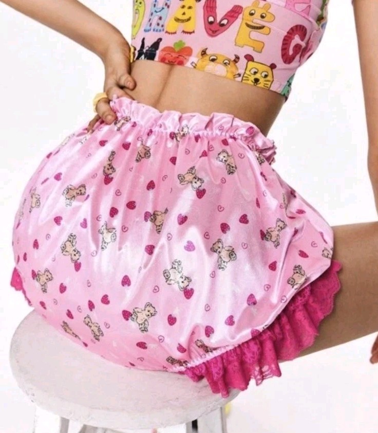 Sissy Pink Cartoon Satin Teddy Bear French Knickers Bloomer Shorts ABDL CD TV M