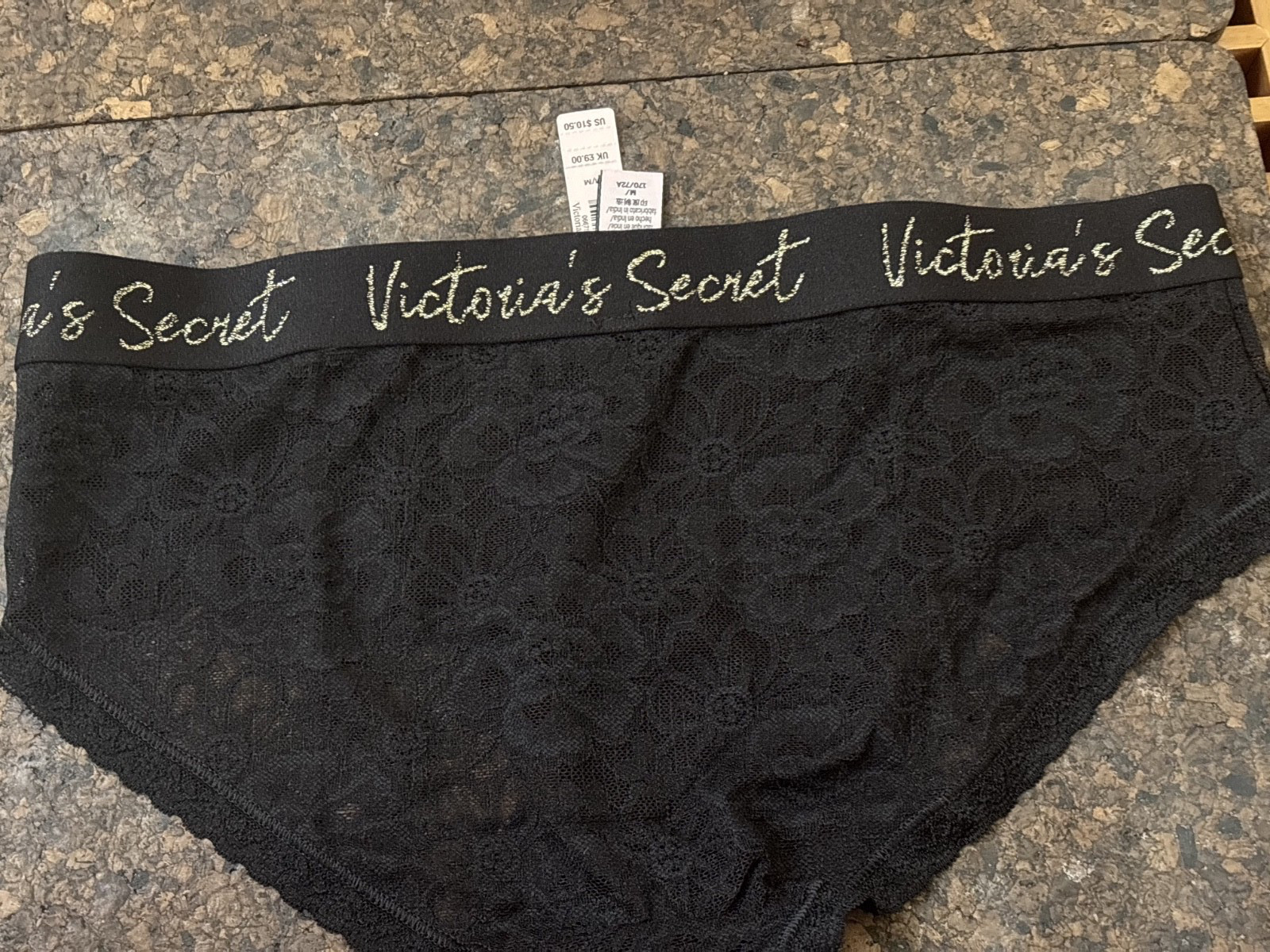 3 VS NWT Medium Rare Logo Lace Hiphugger Panties Black White Gold Premium Indiv.