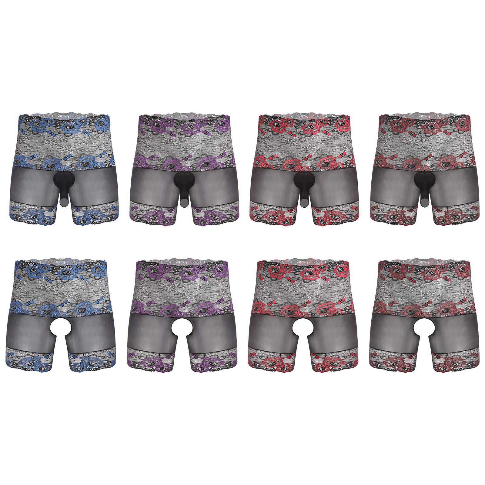 Mens Glossy Sheer Boxer Shorts or Sheath with Opening Floral Lace Trim Underwear