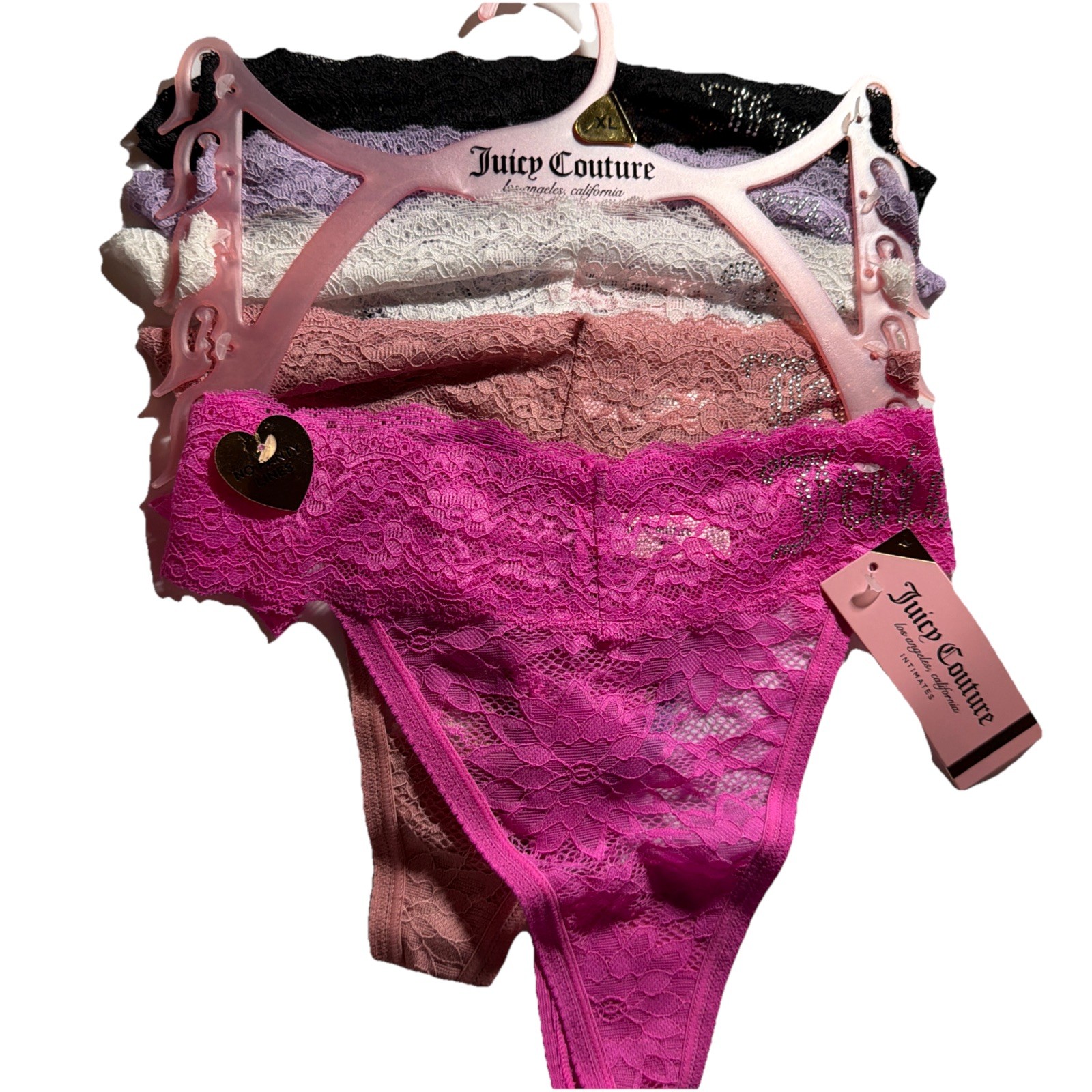 JUICY COUTURE Sz: XL -5 Pack Lace Thongs Rhinestone Detail 90% Nylon-10% Spandex