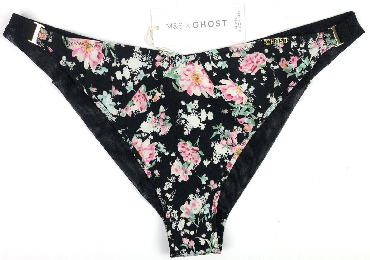 MARKS & SPENCER X GHOST Floral Brazilian Miami Knickers UK 12 BLACK BNWT