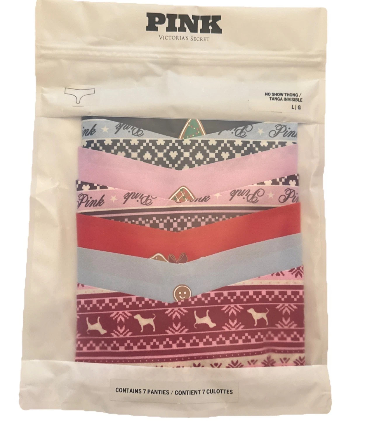 Victoria Secret PINK CHRISTMAS 7-PACK NO SHOW THONG PANTY Puppy XL L M S XS NWT