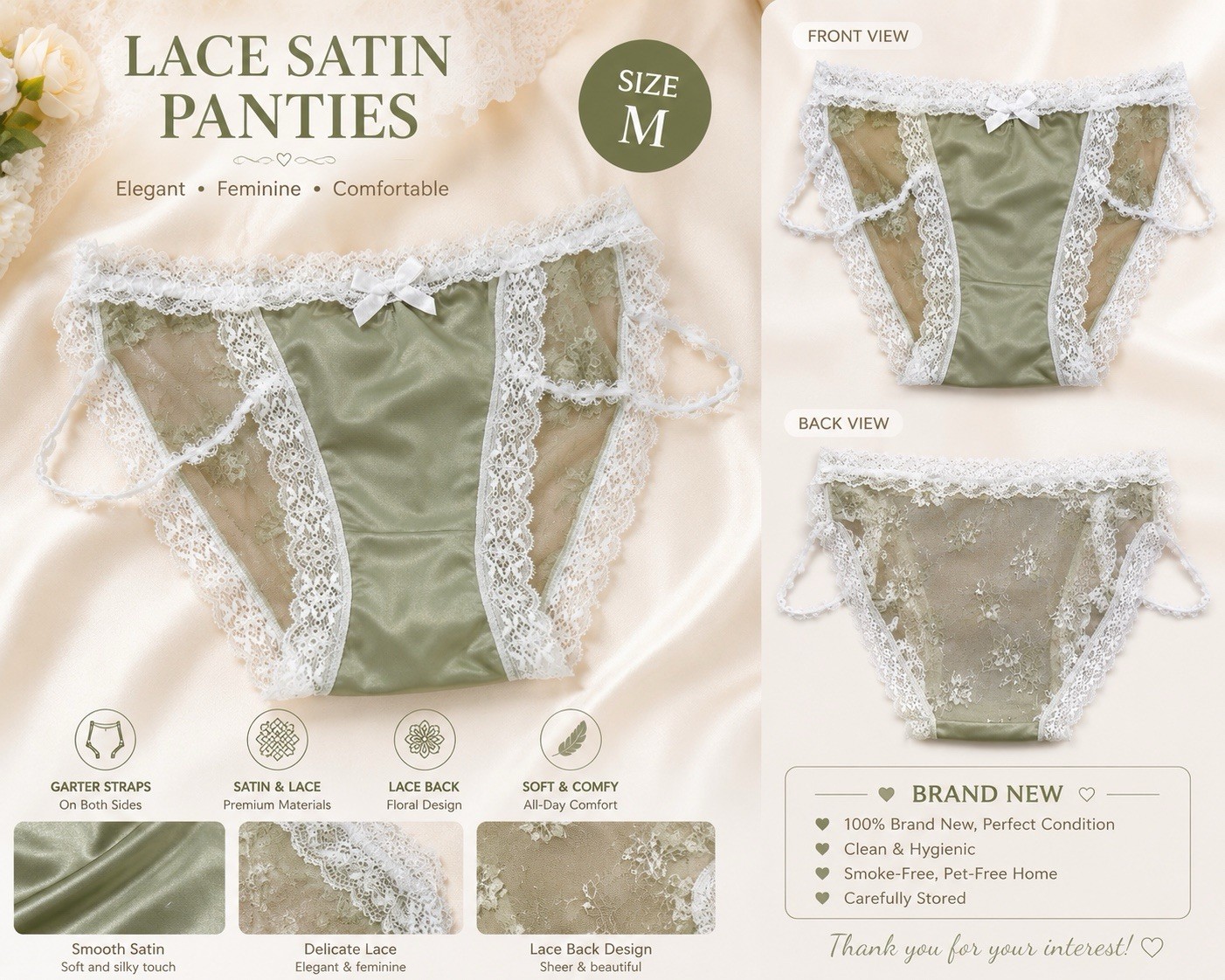 Brand New Women’s Lace Satin Panties – Size M